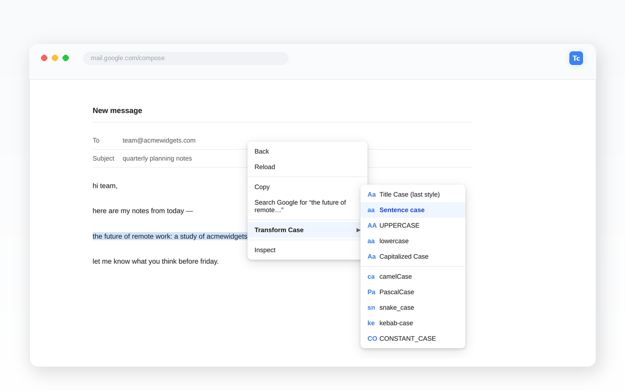 Transform Case right-click context menu on selected text